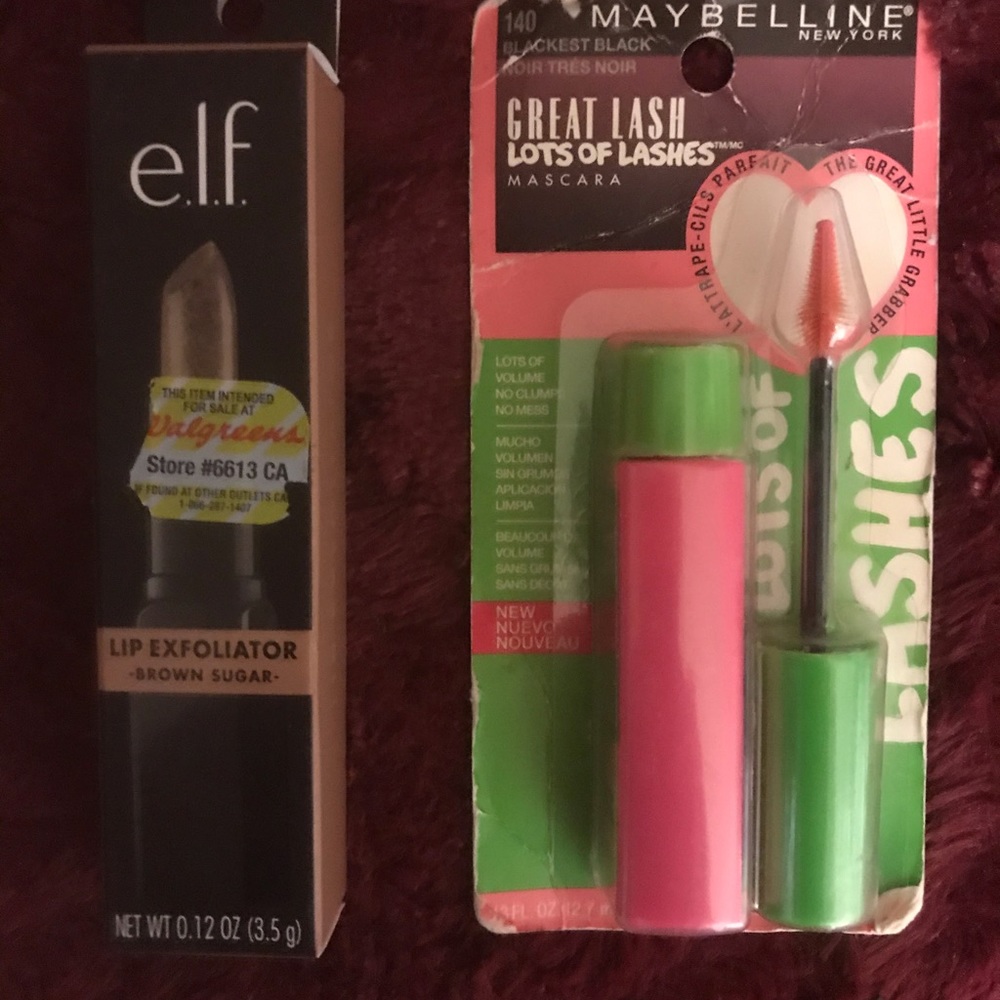 LOT OF 2 ITEMS:MAYBELLINE #140-BLACKEST BLACK AND E.L.F. LIP EXFOLIATOR